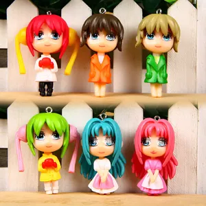 Set of 6 cute anime cartoon girl keychains, stylish PVC pendant key rings for bags.