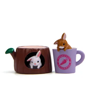 Cute mini resin rabbit figurines set with tree stump and cup for DIY micro landscape decor