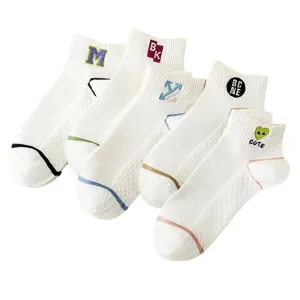 White women's summer thin short socks with mesh breathable design and cute embroidery details.