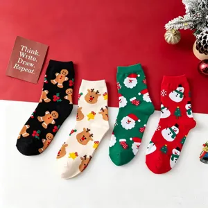 Women's Christmas Theme Crew Socks Cotton Cute Cartoon Santa Claus Snowman Print Winter Warm Casual Socks For Ladies