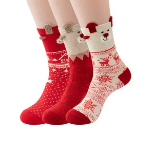 Christmas cotton mid-tube socks with cute 3D ears and reindeer patterns for women winter wear.