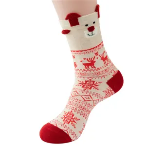 Cute Christmas cotton mid-tube socks with 3D bear ears and festive elk snowflake patterns.
