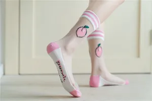Sheer mesh cute peach embroidered mid-calf socks detail showing pink stripes and sole text