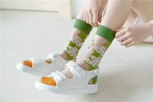 Summer sheer mid-calf socks with cute white floral details and green cuffs, soft and breathable.