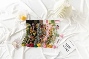 Sheer embroidered floral mesh mid-tube socks, cute summer sweet style translucent socks.