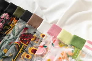 Transparent mesh mid-tube socks featuring 3d embroidered floral and fruit patterns, delicate detail.