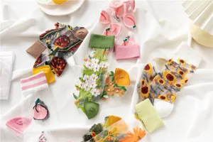 Detailed close-up of summer sheer mesh floral embroidered socks, sweet style, breathable design.