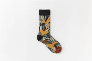 Sheer mesh women mid-tube socks featuring artistic bird and leaf patterns with black ribbed cuffs.