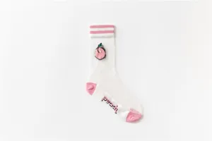 Sheer summer women crew socks with cute peach embroidery and pink striped cuffs casual style