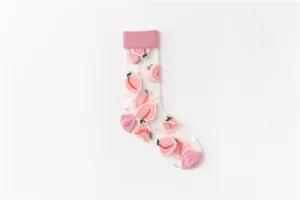 Translucent peach sheer crew socks, sweet summer mesh socks with pink cuffs and heels.