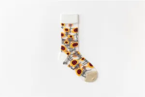 Sheer mesh mid-calf socks for women featuring embroidered sunflower design, breathable summer style.