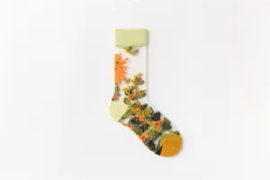 Summer sheer mid-calf socks cute flower sun embroidery thin breathable cotton hosiery women
