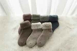 Thick thermal fleece wool snow socks for women, cozy winter warm fuzzy terry socks.