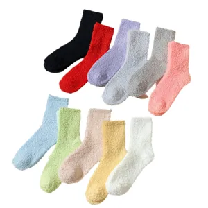 Women's fuzzy coral fleece floor socks in solid candy colors, soft, warm and cozy winter sleep socks.