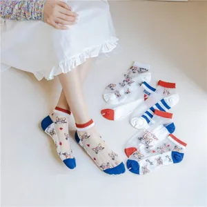 Summer sheer crystal socks for women, cute cat pattern short thin ankle socks with cotton sole.