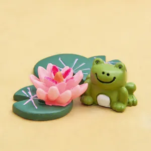 Miniatur Harz grüner Frosch rosa Lotos Seerose Blatt Figur Mikro Landschaft Garten Dekor Detail
