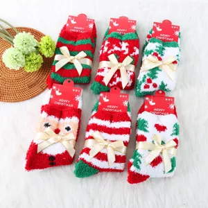 Thickened coral fleece Christmas socks for women with cute bows and festive holiday patterns.