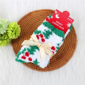 Christmas fuzzy socks coral fleece warm winter floor socks with cute bow and holiday gift tag