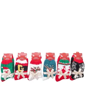 Christmas fuzzy socks for women, thick coral fleece winter sleep floor socks with bows.