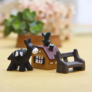 Miniatur Harz Esel Haus Bank Figuren Set für Sukkulenten Pflanze DIY Mikrolandschaft Dekor