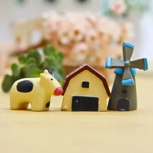 3-teiliges Harz Miniatur Cartoon Kuh Haus Windmühle Figuren für DIY Sukkulenten Garten Dekor.
