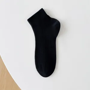 Detailed close-up shot of black ribbed ankle socks, soft and comfortable daily wear.
