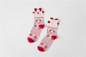 Christmas cotton mid-tube socks with 3D cute bear ears and Nordic snowflake patterns.