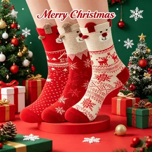 Women Christmas Cotton Mid-Tube Socks Cute Cartoon Bear Elk Snowflake Pattern Winter Warm Casual Socks
