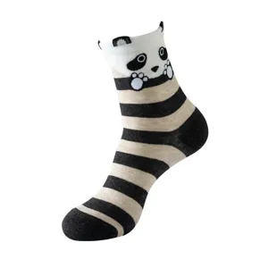 Cute panda mid-calf socks with black and white stripes, novelty cotton socks for women detail view.