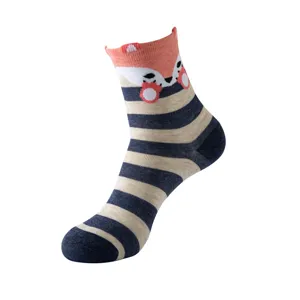 Close-up detail of women's cute cartoon animal mid-calf cotton socks with striped design.