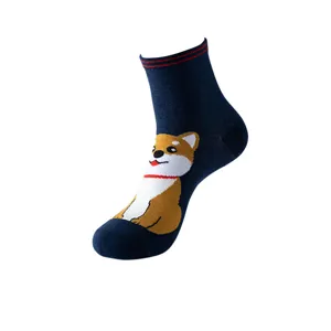 Close-up detail of cute Shiba Inu dog pattern on navy blue casual women's crew socks.
