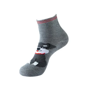 Women gray cute dog cartoon mid-calf cotton socks daily casual wear comfortable soft breathable