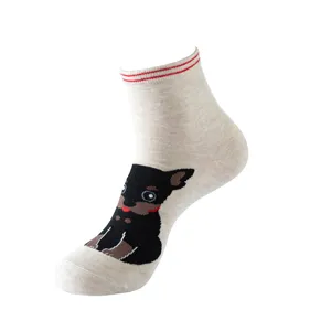 Cute cartoon puppy pattern mid-tube women socks with cozy cotton fabric and red stripe cuff detail.