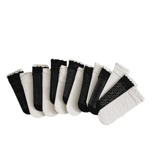 Calze lunghe donna sottili con volant in rete di cotone stile giapponese nero bianco set