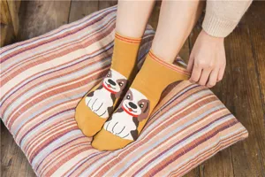 Cute cartoon dog print women crew socks yellow cotton casual daily wear mid-tube hosiery