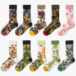 Women summer thin sheer embroidered glass socks transparent crystal mesh mid-calf socks set.