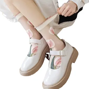 Summer sheer crystal socks with pink tulip embroidery and cute ruffle trim for women.