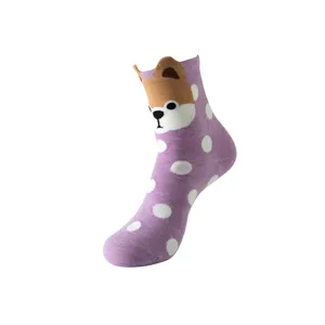 Purple polka dot mid-calf women socks with cute cartoon animal face and 3D ears design cozy cotton.