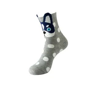 Grey polka dot mid-tube socks featuring a cute cartoon dog pattern for daily wear.