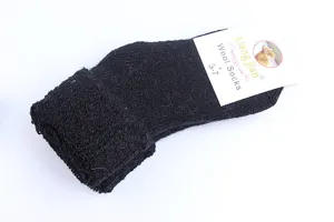 Zwarte wollen kinder sokken met omslag en merklabel, warme en knusse winterkleding voor dagelijks.