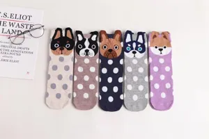 Cute cartoon dog mid-calf socks with playful white polka dots design, soft and comfortable cotton.