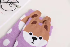 Cute Shiba Inu cartoon mid-tube socks with purple polka dot design, comfortable cotton daily wear.