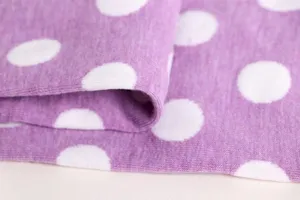 Close-up view of purple knitted fabric featuring white polka dots for women socks.