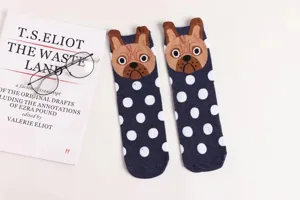Cute cartoon dog pattern mid-calf socks for women, dark blue with white polka dots design.