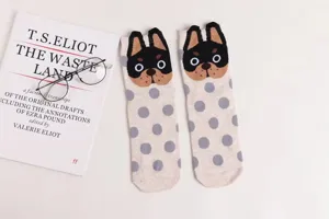 Cute cartoon dog pattern women crew socks with grey polka dots, soft cotton casual socks.