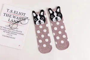 Cute French bulldog polka dot mid-calf socks for women, comfortable knit daily casual hosiery.