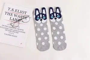 Grey polka dot mid-tube socks with cute cartoon dog design for women daily wear soft and breathable