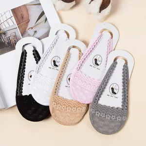 Women lace invisible socks summer thin half sole boat socks anti slip hosiery 5 pairs pack