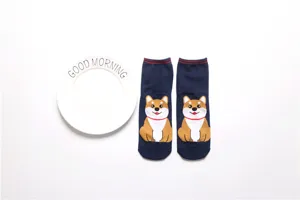 Women cute shiba inu cotton crew socks casual daily wear soft breathable navy blue pairs