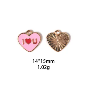 Breloque cœur en alliage pour bijoux DIY, joli design en émail rose avec des lettres.